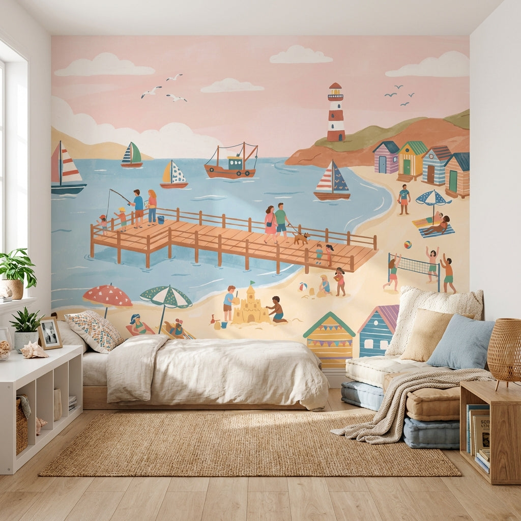 Beach Wallpaper Pier Sailboats Wall Mural
