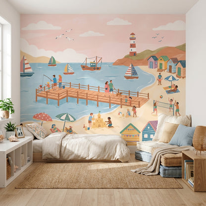 Beach Wallpaper Pier Sailboats Wall Mural