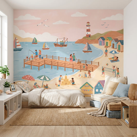 Beach Wallpaper Pier Sailboats Wall Mural
