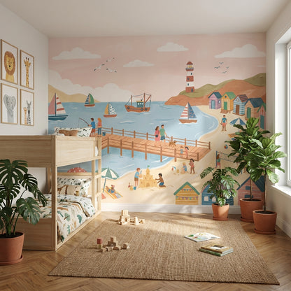 Beach Wallpaper Pier Sailboats Wall Mural