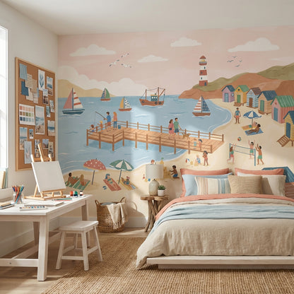 Beach Wallpaper Pier Sailboats Wall Mural