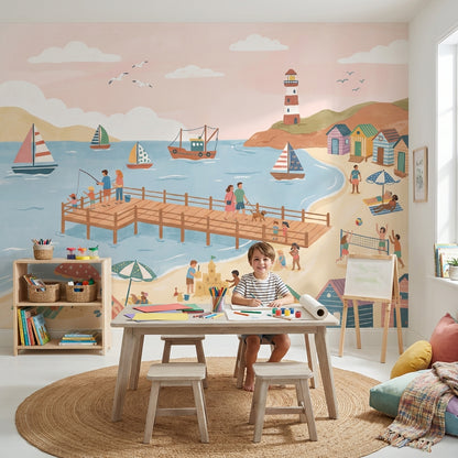 Beach Wallpaper Pier Sailboats Wall Mural