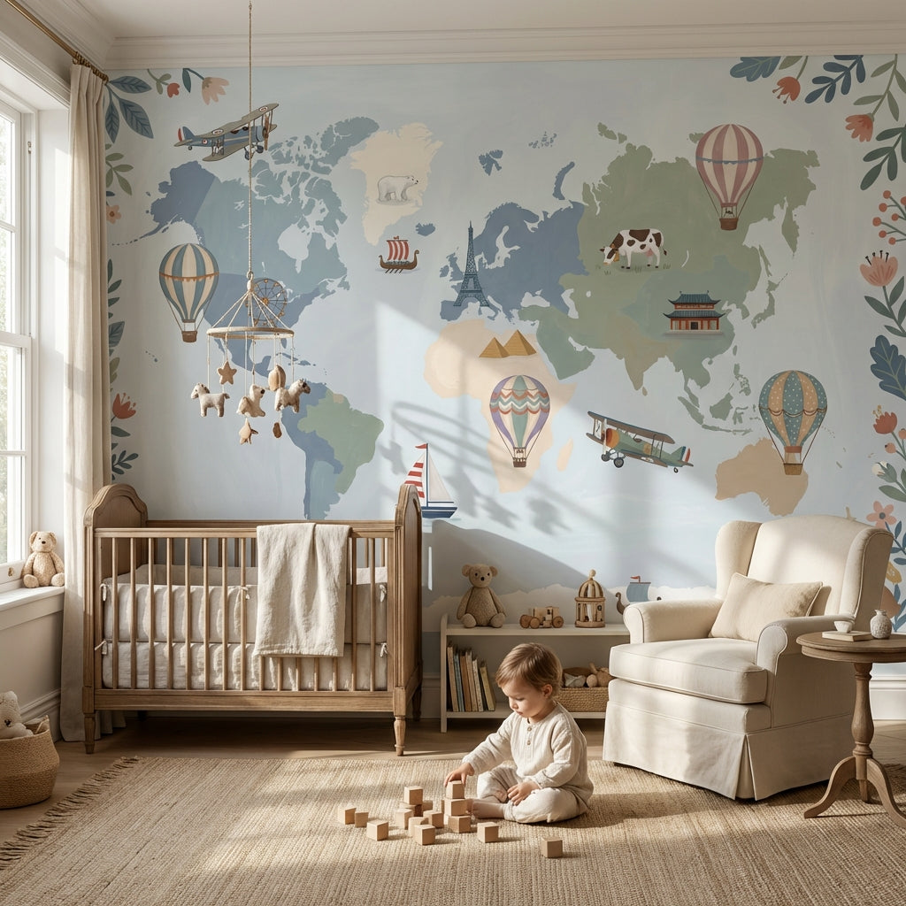 World Map Wallpaper Balloon Adventure Wall Mural