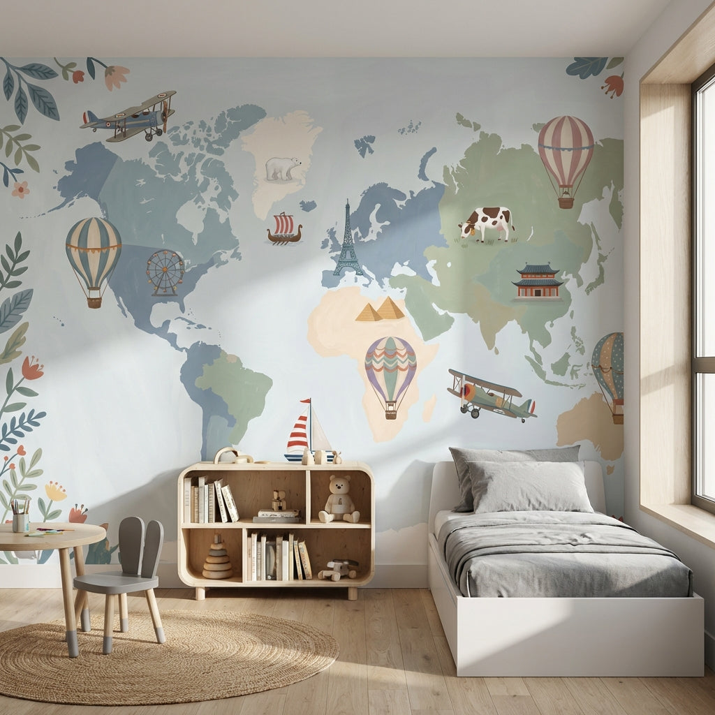 World Map Wallpaper Balloon Adventure Wall Mural