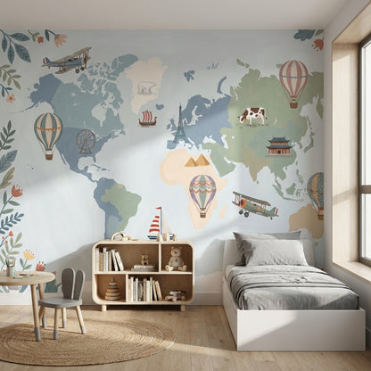 World Map Wallpaper Balloon Adventure Wall Mural