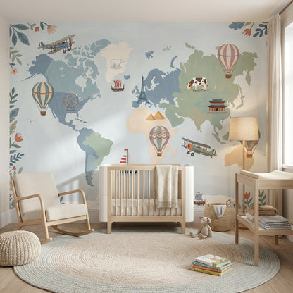 World Map Wallpaper Balloon Adventure Wall Mural