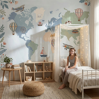 World Map Wallpaper Balloon Adventure Wall Mural