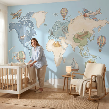 World Map Wallpaper Hot Air Balloon Animal Wall Mural