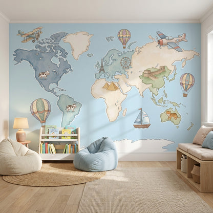World Map Wallpaper Hot Air Balloon Animal Wall Mural