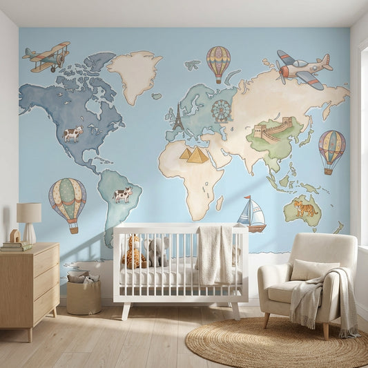 World Map Wallpaper Hot Air Balloon Animal Wall Mural