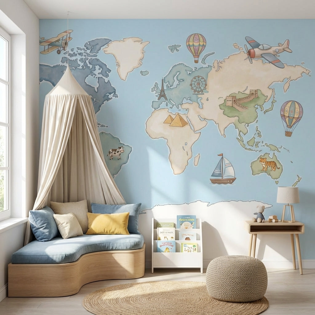 World Map Wallpaper Hot Air Balloon Animal Wall Mural