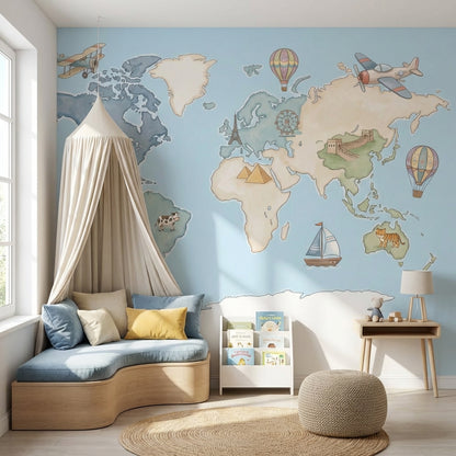 World Map Wallpaper Hot Air Balloon Animal Wall Mural