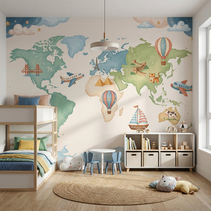 World Map Wallpaper Airplane Balloon Wall Mural