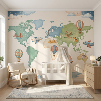World Map Wallpaper Airplane Balloon Wall Mural