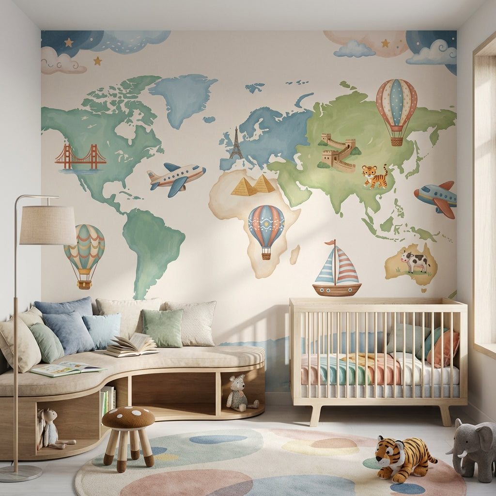 World Map Wallpaper Airplane Balloon Wall Mural