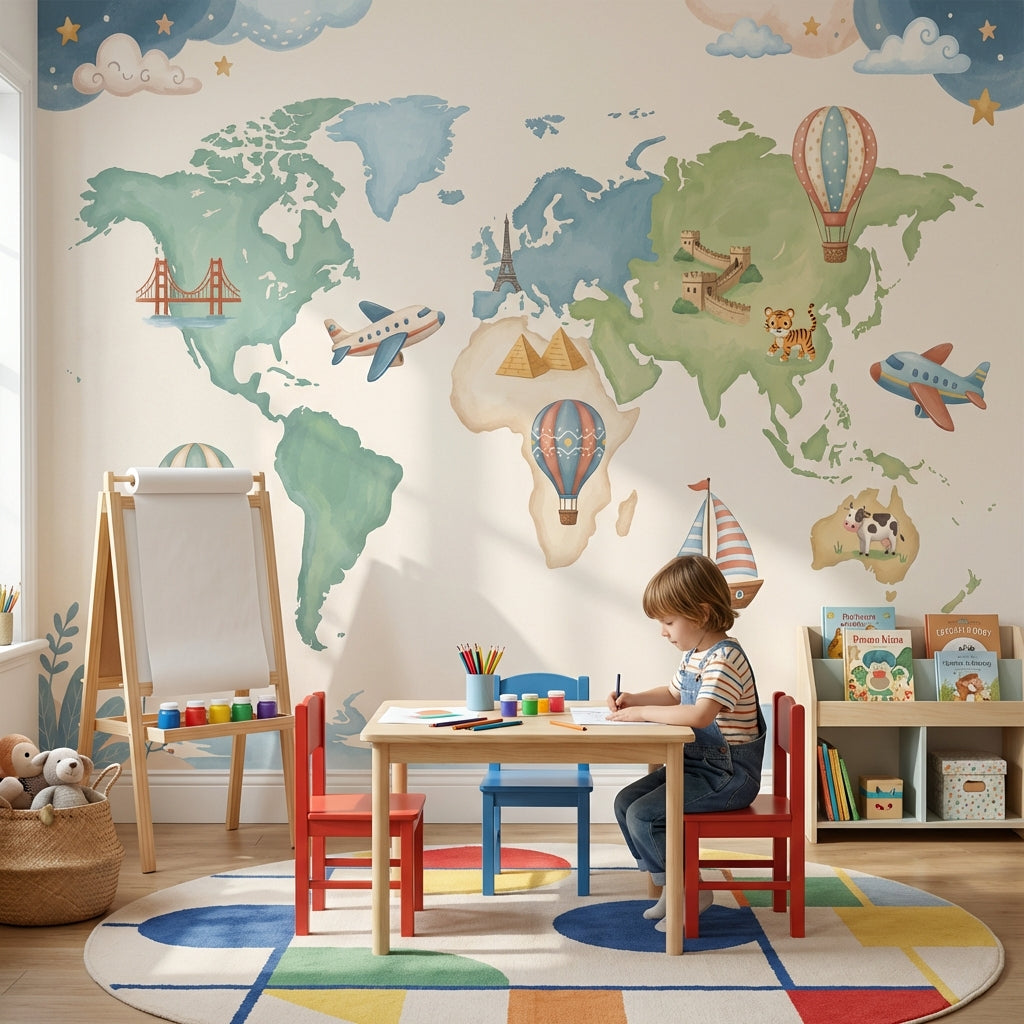 World Map Wallpaper Airplane Balloon Wall Mural