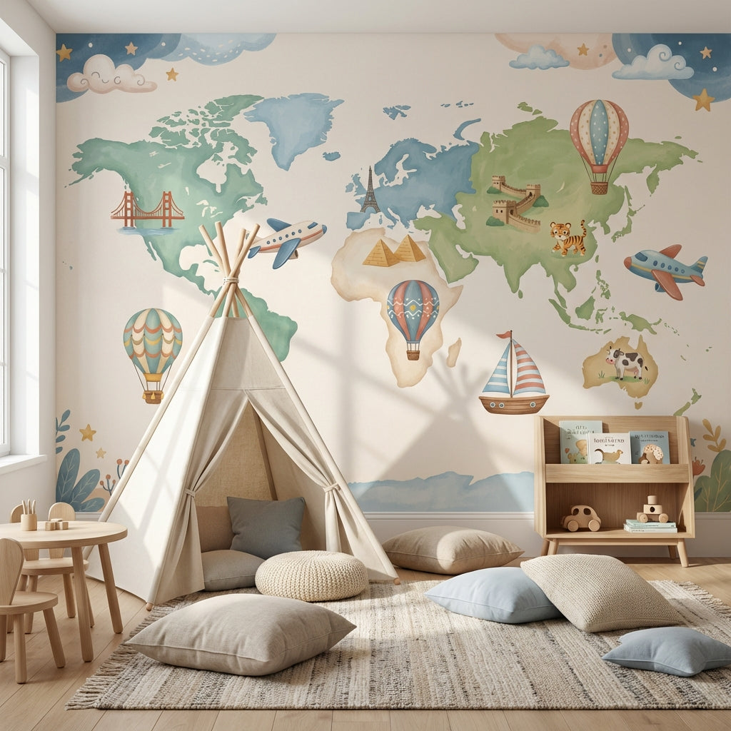 World Map Wallpaper Airplane Balloon Wall Mural