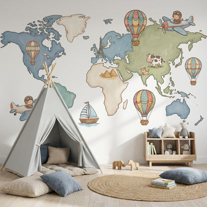 World Map Wallpaper Hot Air Balloon Removable Wall Decor