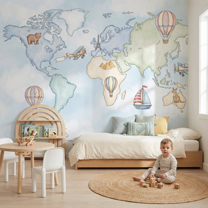 World Map Wallpaper Hot Air Balloons Whimsical Wall Mural