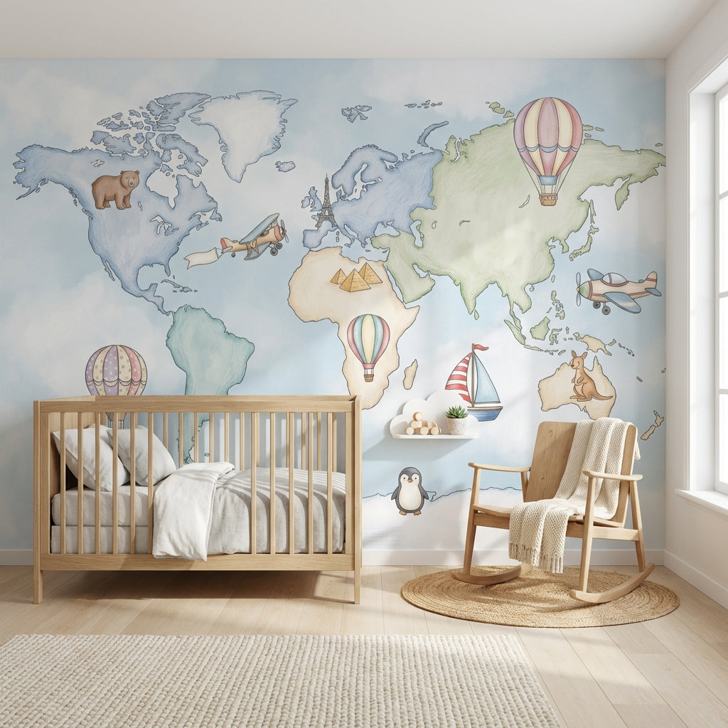 World Map Wallpaper Hot Air Balloons Whimsical Wall Mural
