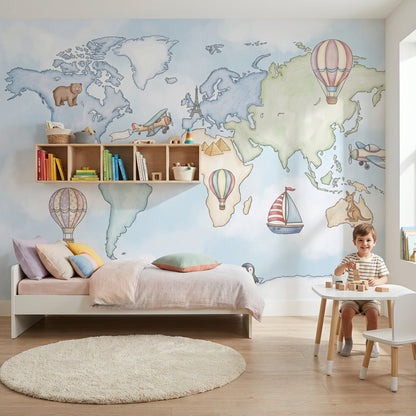 World Map Wallpaper Hot Air Balloons Whimsical Wall Mural