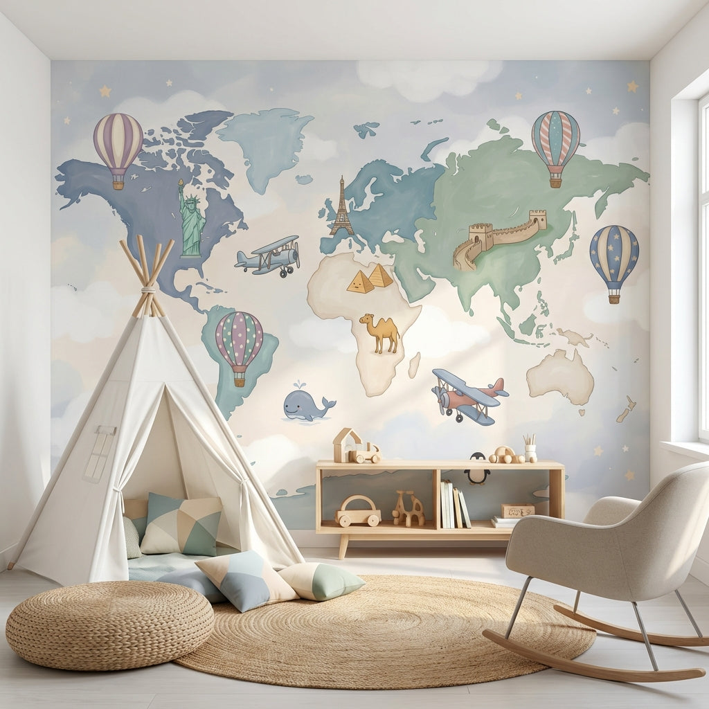 World Map Wallpaper Cloudy Sky Wall Mural