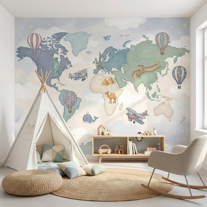 World Map Wallpaper Cloudy Sky Wall Mural