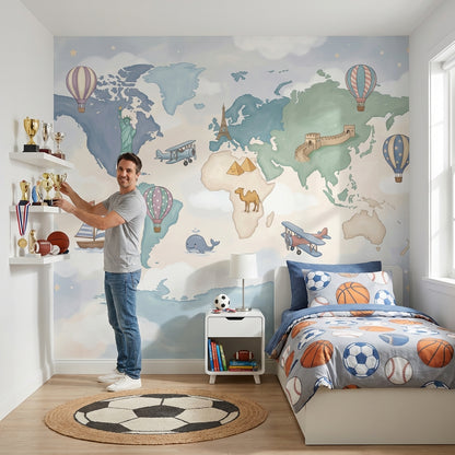 World Map Wallpaper Cloudy Sky Wall Mural