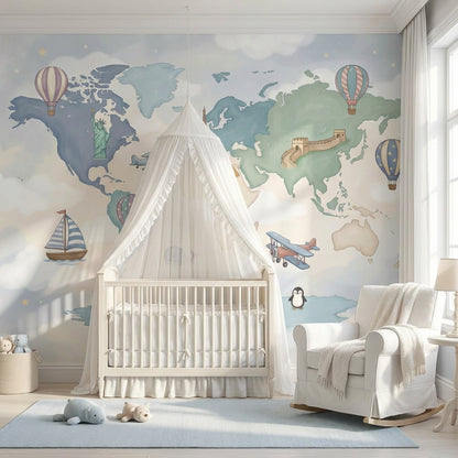 World Map Wallpaper Cloudy Sky Wall Mural