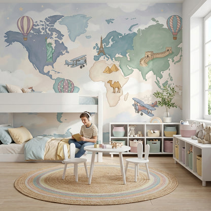 World Map Wallpaper Cloudy Sky Wall Mural