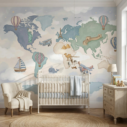 World Map Wallpaper Cloudy Sky Wall Mural