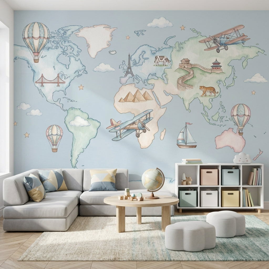World Map Wallpaper Hot Air Balloon Iconic Wall Mural