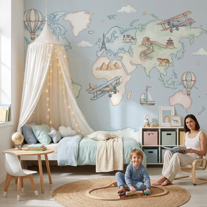 World Map Wallpaper Hot Air Balloon Iconic Wall Mural