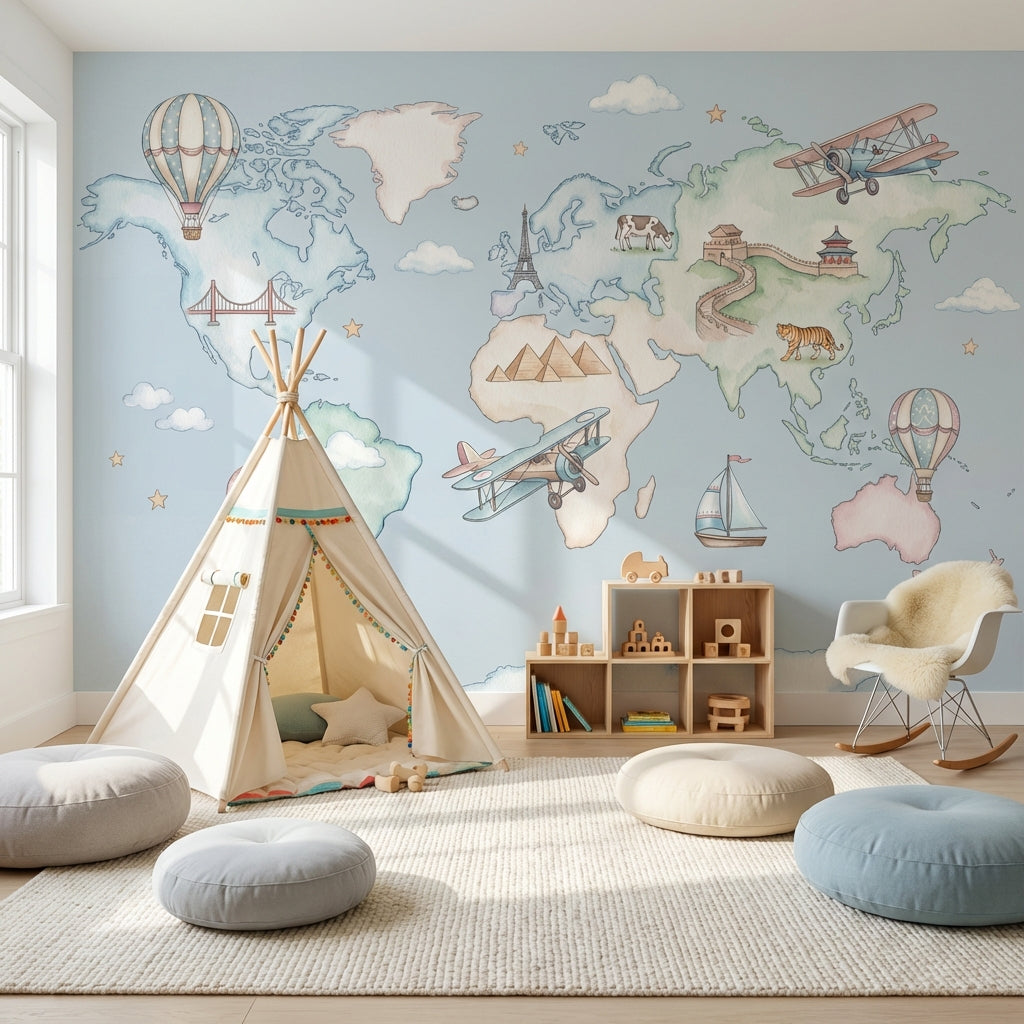 World Map Wallpaper Hot Air Balloon Iconic Wall Mural