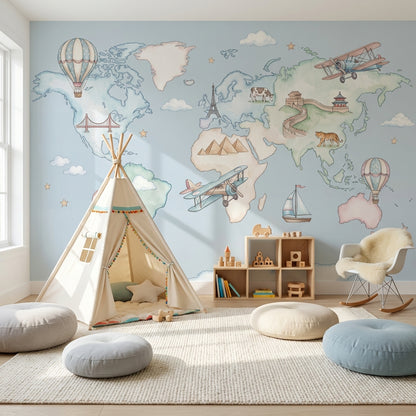 World Map Wallpaper Hot Air Balloon Iconic Wall Mural