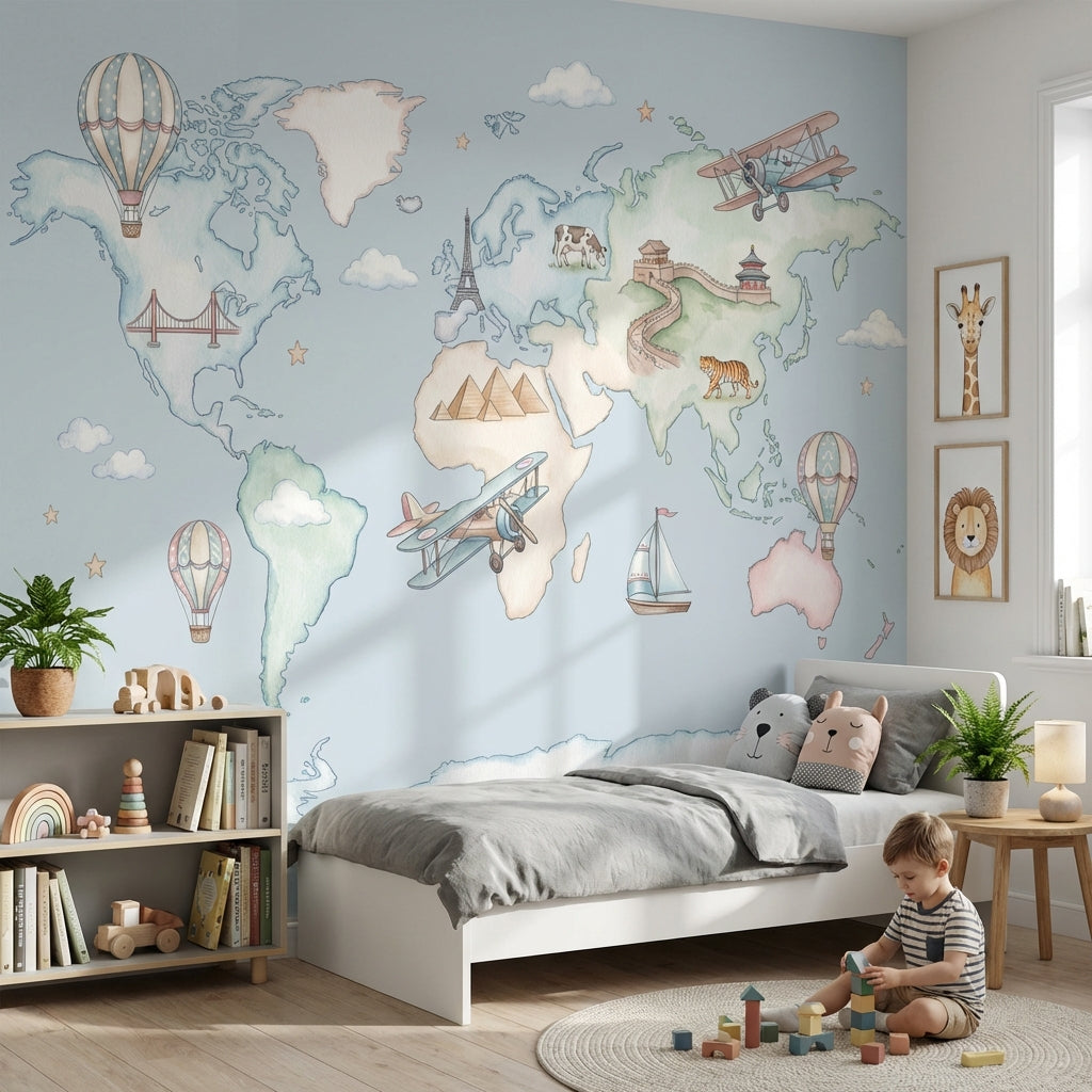 World Map Wallpaper Hot Air Balloon Iconic Wall Mural