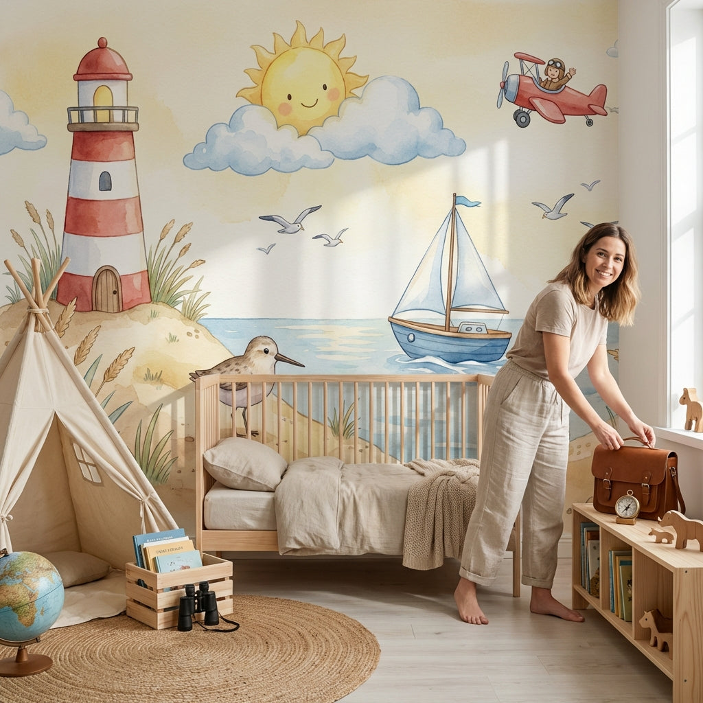 Lighthouse Coastal Wallpaper Cartoon Whimsical Wall Mural