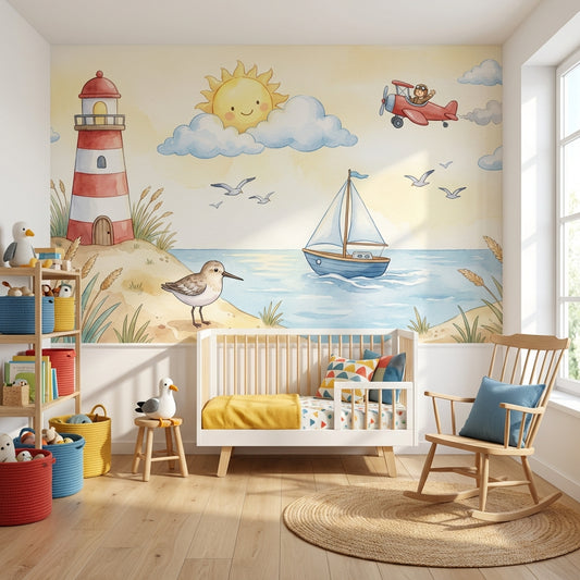 Lighthouse Coastal Wallpaper Cartoon Whimsical Wall Mural