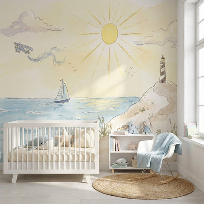Sailboat Wallpaper Lighthouse Coastal Wall Mural