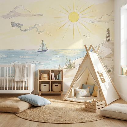Sailboat Wallpaper Lighthouse Coastal Wall Mural