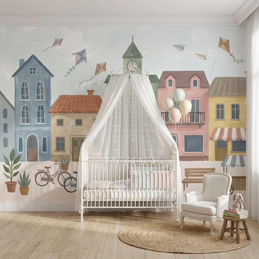 Whimsical Town Wallpaper Illustrative Bicycle Wall Mural
