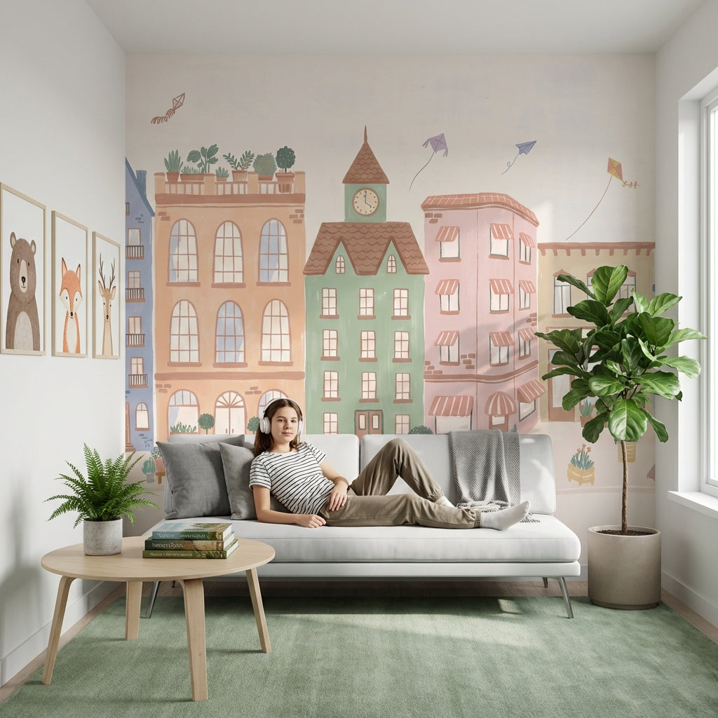 Whimsical Urban Wallpaper Pastel Buildings Wall Mural