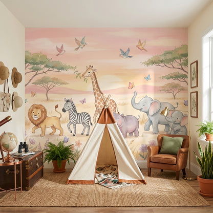 Safari Animals Wallpaper Pastel Cartoon Wall Mural