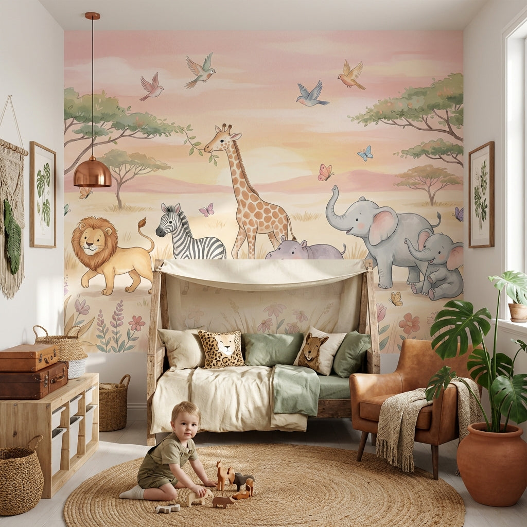 Safari Animals Wallpaper Pastel Cartoon Wall Mural