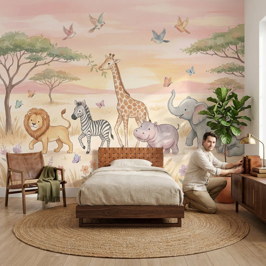 Safari Animals Wallpaper Pastel Cartoon Wall Mural