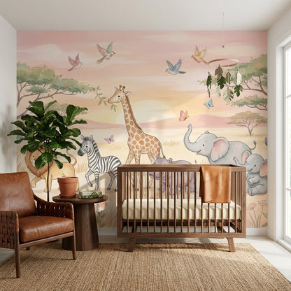 Safari Animals Wallpaper Pastel Cartoon Wall Mural