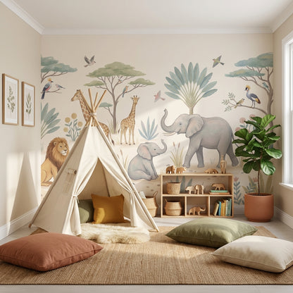 Safari Animals Wallpaper Pastel Nature Wall Mural