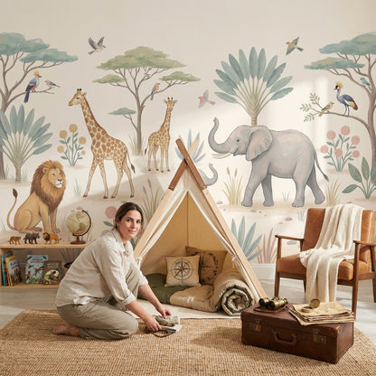 Safari Animals Wallpaper Pastel Nature Wall Mural