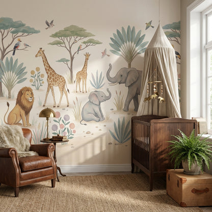Safari Animals Wallpaper Pastel Nature Wall Mural