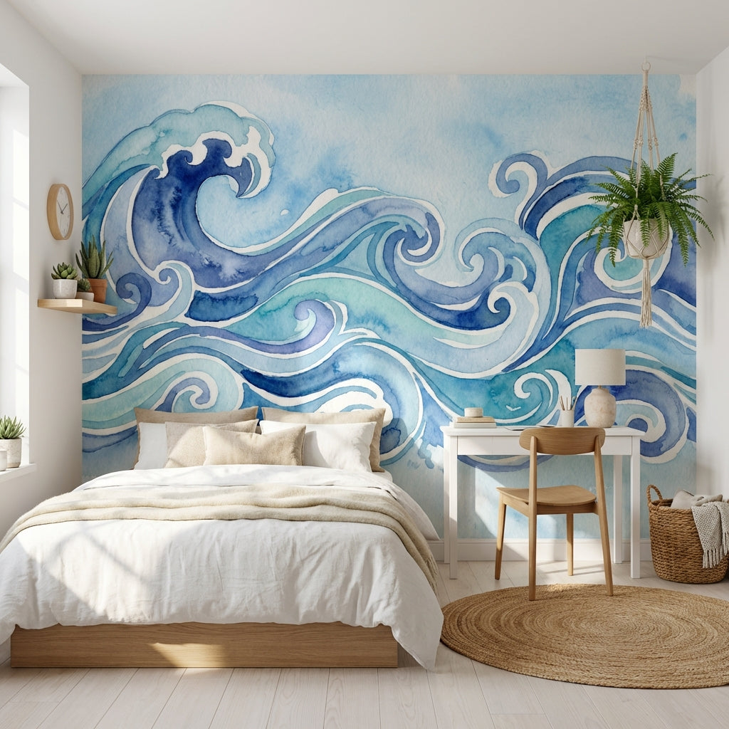 Ocean Waves Wallpaper Watercolor Modern Wall Decor